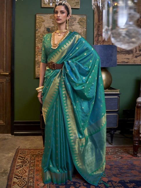 Saree Mall Green Silk Woven Saree With Unstitched Blouse Price in India