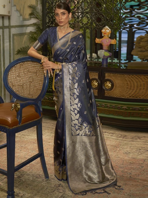 Saree Mall Blue Silk Woven Saree With Unstitched Blouse Price in India