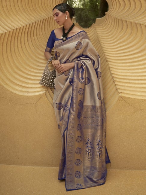 Saree Mall Beige & Blue Woven Saree With Unstitched Blouse Price in India