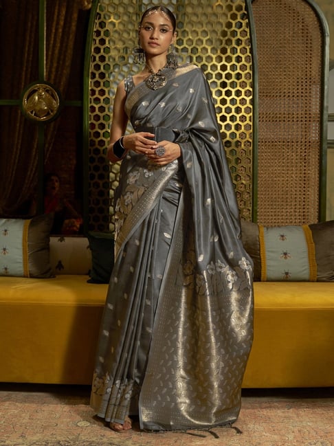 Saree Mall Grey Silk Woven Saree With Unstitched Blouse Price in India