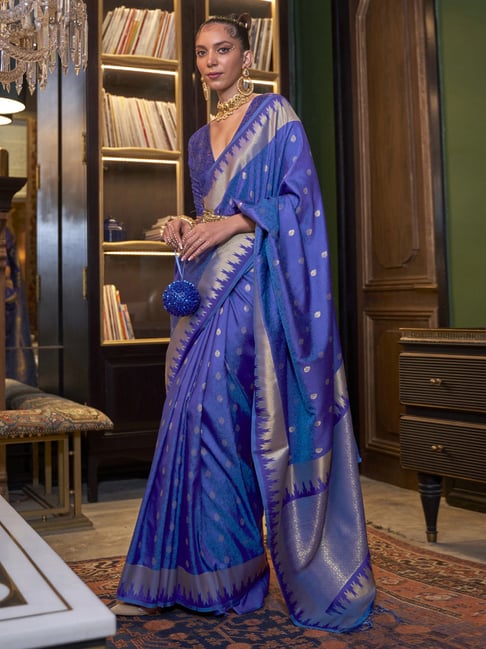 Saree Mall Blue Silk Woven Saree With Unstitched Blouse Price in India