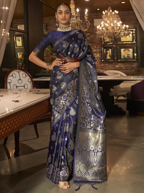 Saree Mall Blue Silk Woven Saree With Unstitched Blouse Price in India