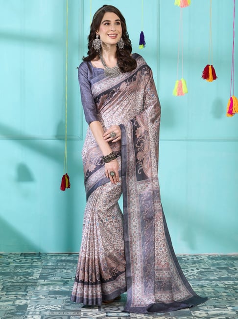 Saree Mall Beige & Blue Floral Print Saree With Unstitched Blouse Price in India