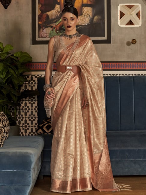 Saree Mall Beige Woven Saree With Unstitched Blouse Price in India