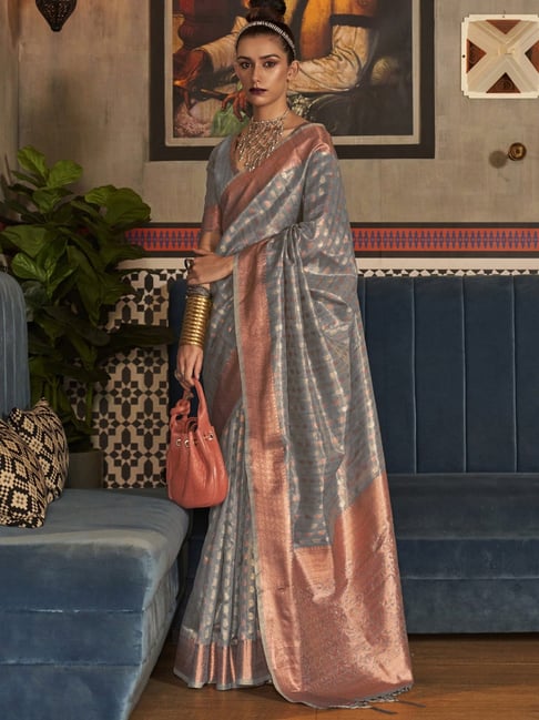 Saree Mall Grey Woven Saree With Unstitched Blouse Price in India