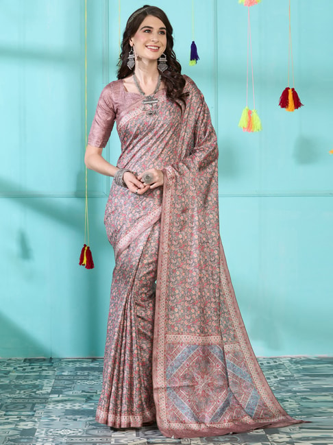Saree Mall Green & Peach Floral Print Saree With Unstitched Blouse Price in India