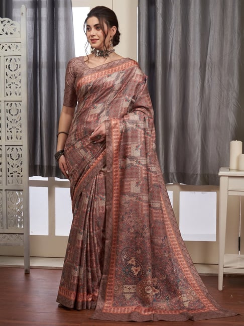 Saree Mall Rust & Grey Printed Saree With Unstitched Blouse Price in India