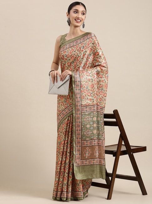 Saree Mall Green & Peach Floral Print Saree With Unstitched Blouse Price in India