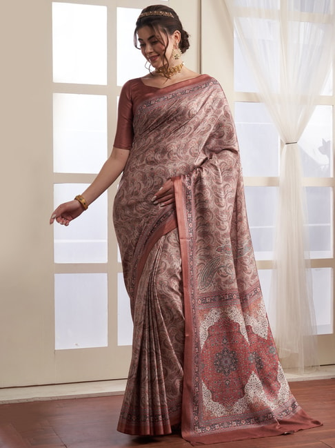 Saree Mall Beige & Brown Printed Saree With Unstitched Blouse Price in India