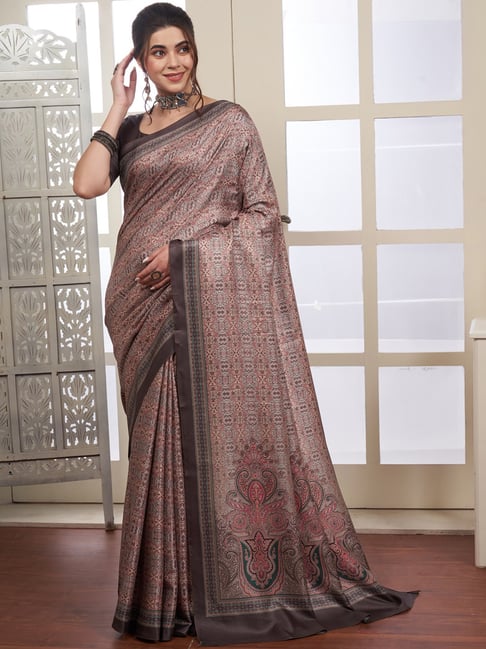 Saree Mall Brown & Grey Printed Saree With Unstitched Blouse Price in India