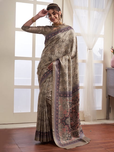 Saree Mall Olive Green Printed Saree With Unstitched Blouse Price in India