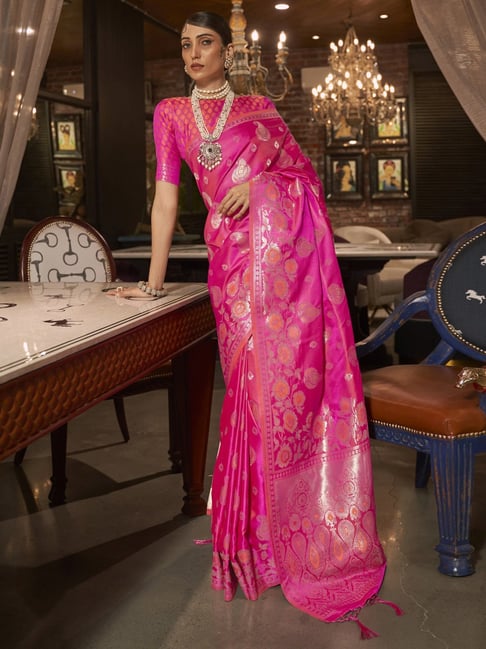 Saree Mall Pink Silk Woven Saree With Unstitched Blouse Price in India