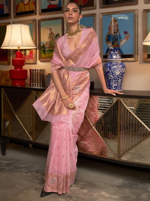 Saree Mall Pink Silk Woven Saree With Unstitched Blouse Price in India