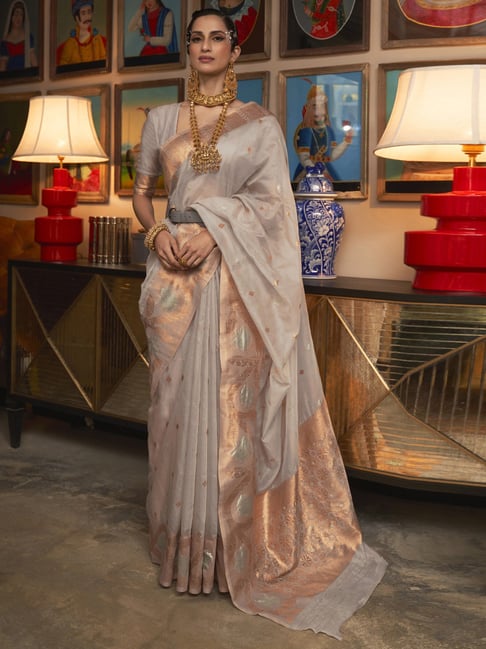 Saree Mall Grey Silk Woven Saree With Unstitched Blouse Price in India