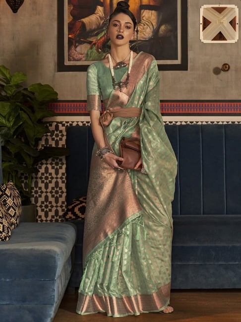 Saree Mall Green Woven Saree With Unstitched Blouse Price in India