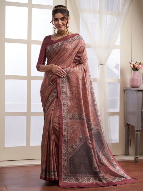 Saree Mall Brown Printed Saree With Unstitched Blouse Price in India