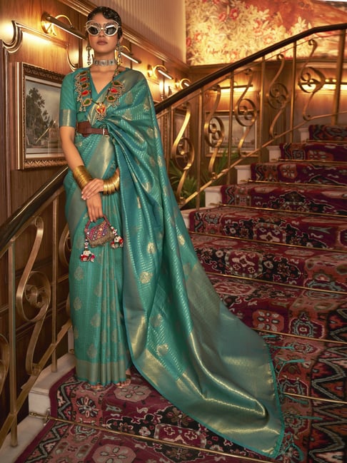 Saree Mall Green Silk Woven Saree With Unstitched Blouse Price in India