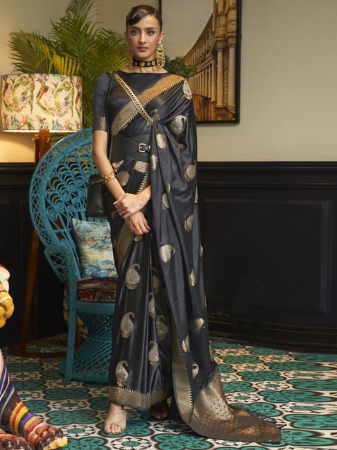 Saree Mall Black Silk Woven Saree With Unstitched Blouse Price in India