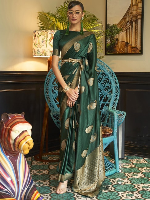 Saree Mall Green Silk Woven Saree With Unstitched Blouse Price in India