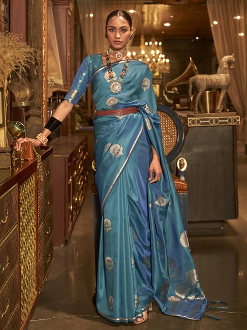 Saree Mall Blue Silk Woven Saree With Unstitched Blouse Price in India