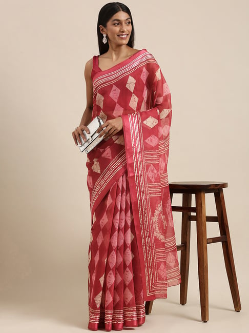 Saree Mall Red Cotton Printed Saree With Unstitched Blouse Price in India