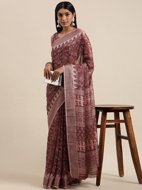 Saree Mall Brown Cotton Printed Saree With Unstitched Blouse Price in India