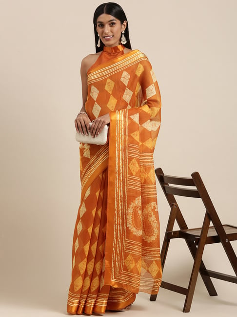 Saree Mall Mustard Cotton Printed Saree With Unstitched Blouse Price in India