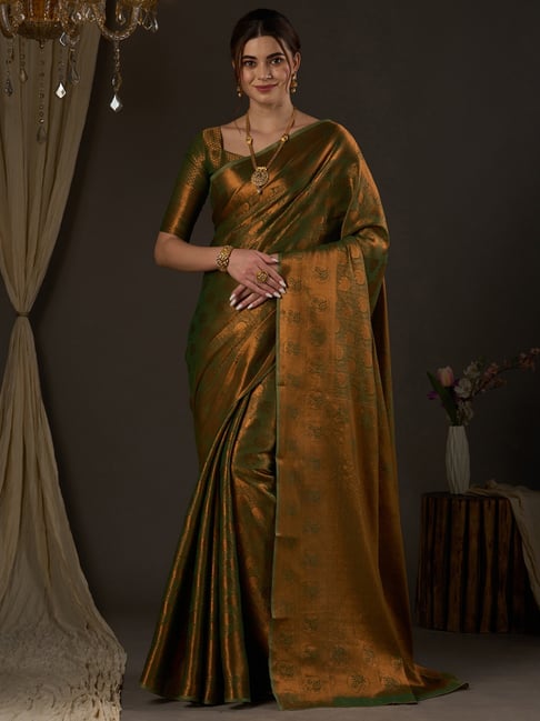 Saree Mall Green Silk Woven Saree With Unstitched Blouse Price in India