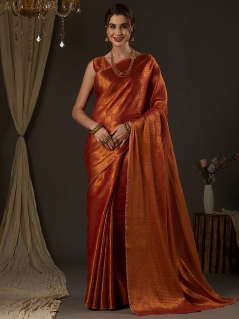 Saree Mall Orange Silk Woven Saree With Unstitched Blouse Price in India