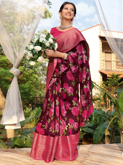 Saree Mall Pink & Purple Cotton Floral Print Saree With Unstitched Blouse Price in India