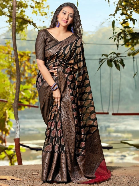 Saree Mall Black Cotton Printed Saree With Unstitched Blouse Price in India