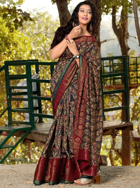 Saree Mall Navy Cotton Floral Print Saree With Unstitched Blouse Price in India