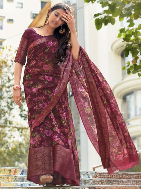 Saree Mall Purple Cotton Floral Print Saree With Unstitched Blouse Price in India