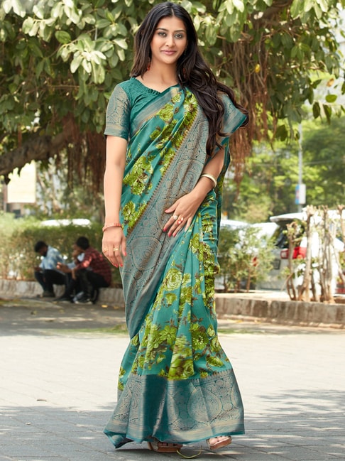 Saree Mall Blue & Green Cotton Floral Print Saree With Unstitched Blouse Price in India
