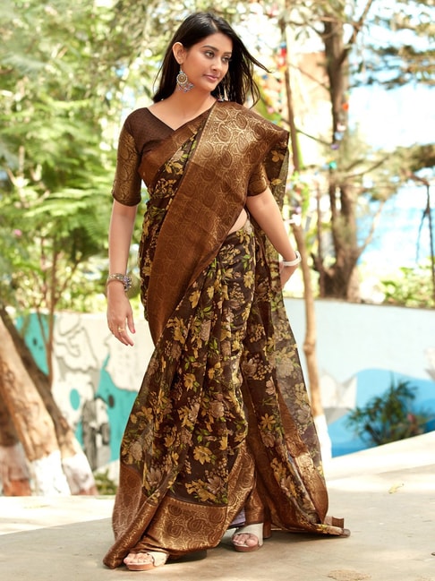 Saree Mall Brown Cotton Floral Print Saree With Unstitched Blouse Price in India