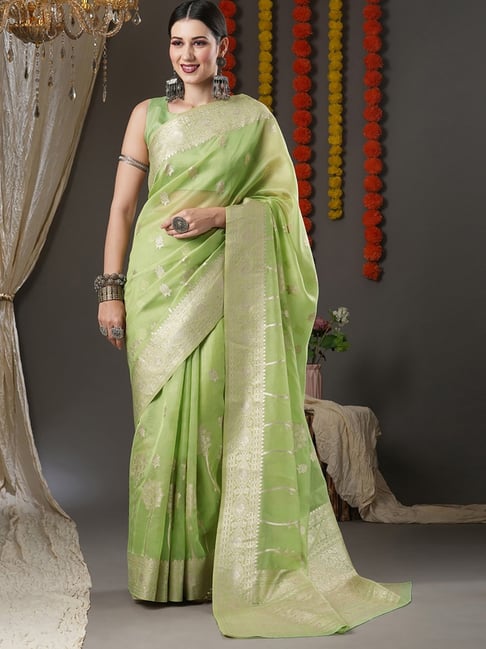 Saree Mall Green Woven Saree With Unstitched Blouse Price in India