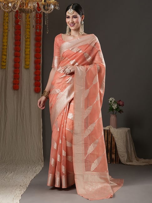 Saree Mall Peach Woven Saree With Unstitched Blouse Price in India