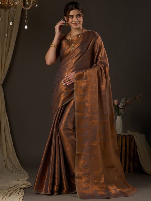 Saree Mall Grey Silk Woven Saree With Unstitched Blouse Price in India