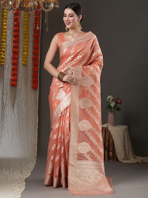 Saree Mall Peach Woven Saree With Unstitched Blouse Price in India