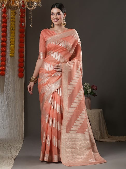 Saree Mall Peach Woven Saree With Unstitched Blouse Price in India