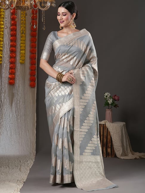 Saree Mall Grey Woven Saree With Unstitched Blouse Price in India