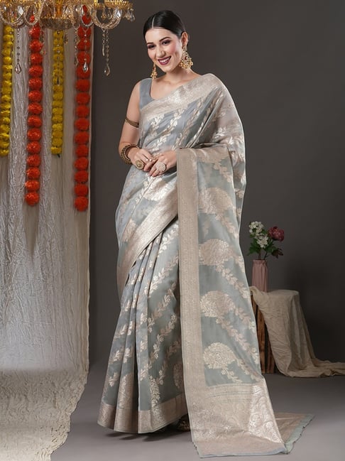 Saree Mall Grey Woven Saree With Unstitched Blouse Price in India