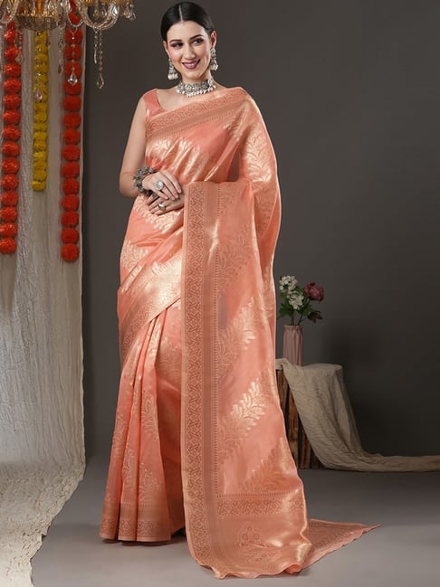 Saree Mall Peach Woven Saree With Unstitched Blouse Price in India