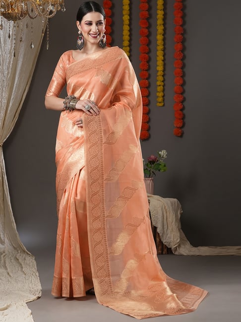 Saree Mall Peach Woven Saree With Unstitched Blouse Price in India