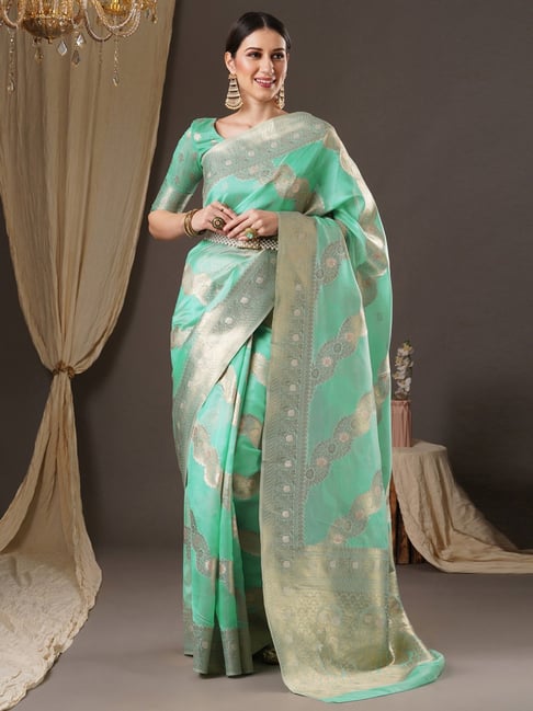 Saree Mall Green Woven Saree With Unstitched Blouse Price in India