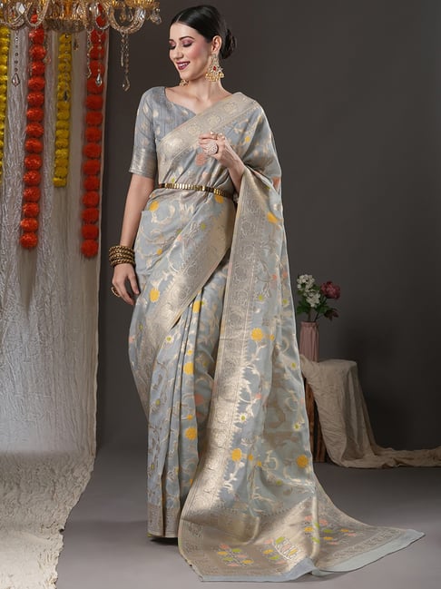 Saree Mall Grey Woven Saree With Unstitched Blouse Price in India