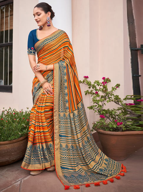 Saree Mall Orange Printed Saree With Unstitched Blouse Price in India