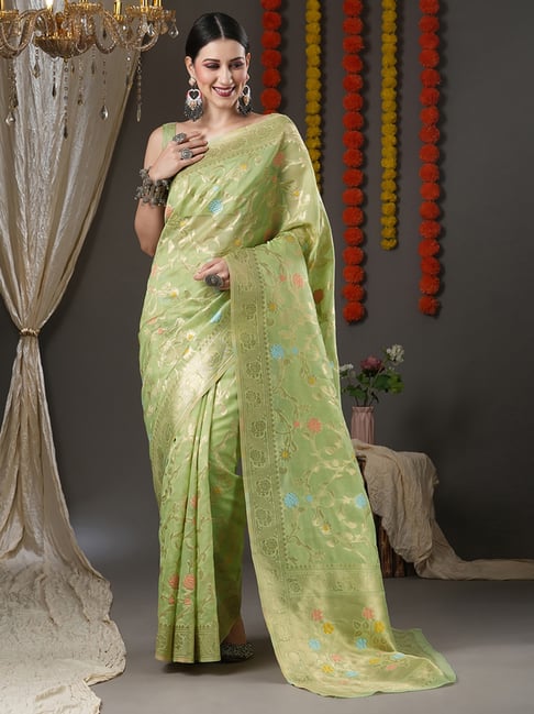 Saree Mall Green Woven Saree With Unstitched Blouse Price in India