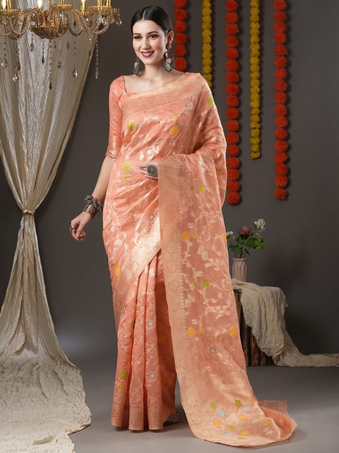 Saree Mall Peach Woven Saree With Unstitched Blouse Price in India