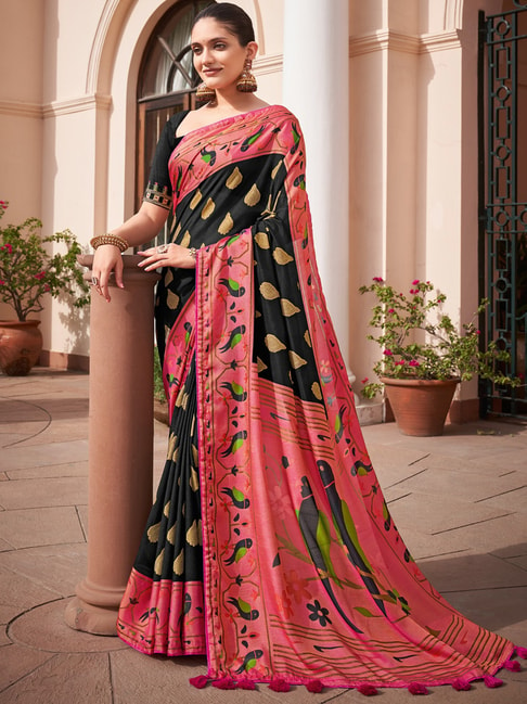 Saree Mall Black & Peach Printed Saree With Unstitched Blouse Price in India